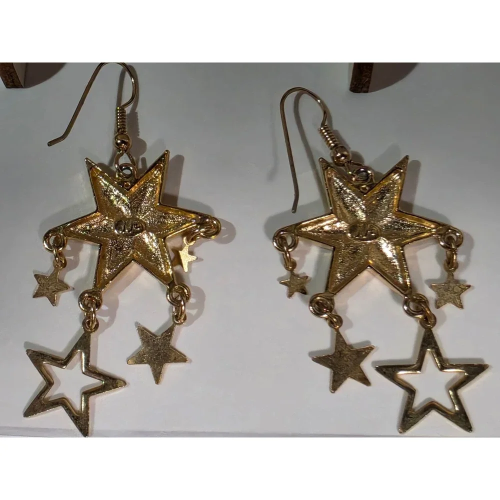 Vintage JJ Jonette Jewelry Gold Tone Celestial Glitter Star Dangle Earrings